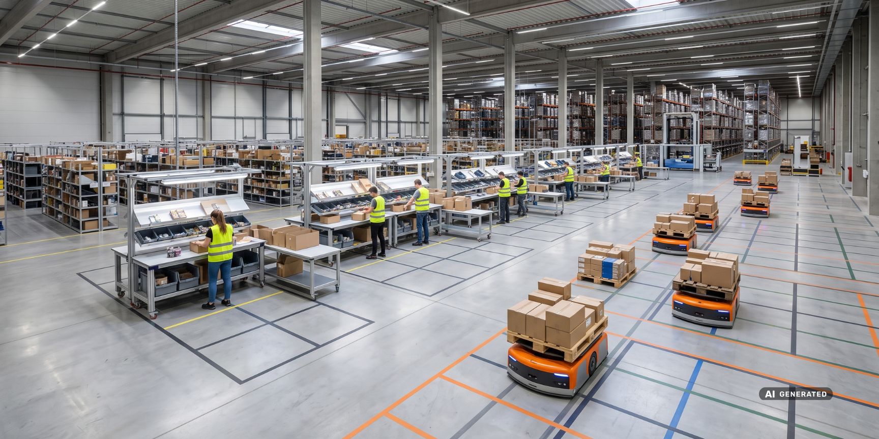 Flexible Kontraktlogistik: Mitarbeiter und autonome Roboter arbeiten in einer Halle an Pick-Stationen, die exakt in einem modularen Grid angeordnet sind.